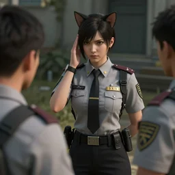 catgirl officer with cat ears paying respects to her fallen comrades, screenshot from metal gear solid v : phantom pain, cinematic cutscene, medium shot, directed by hideo kojima, solemn, dramatic, high quality,