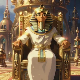 An egyptian prince sitting on his royal throne in the steampunk capital of Nazar as seen in The Desert God by Hayao Miyazaki, studio Ghibli