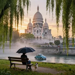 masterpiece, willow, mountain, city, park bench, river, umbrella, vw beetle, basilica sacre coeur, swirl, mist, fog, sunset, dog, fantasy, by andreas franke and santiago calatrava, rhads, digital art, highly detailed, artstation, 8 k hdr