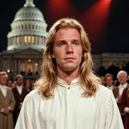 6 0 year old linus roache with long blond hair, wearing a white cult robe, detailed face, cult meeting, capitol building background, nighttime, red spotlight, cinestill 8 0 0 t, 1 9 8 0 s movie still, film grain