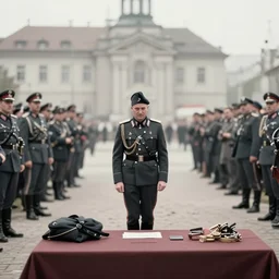 ultra wide 1 9 4 6 blurry historical far away photo a german general surrendering to young queen elizabeth in a french village, her corgis are nearby highly detailed, sharp focus