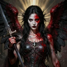 portrait of the god of death, beautiful female face, angelic, dark, blood, by jeremy mann, by lucian freud, god rays, female warrior, warrior face painting red, wings, holding a weapon, intricate, highly detailed, trending on artstation, award winning, cinematic