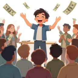 a picture of a happy subgenius - salesman at a alter speaking to a crowd of cultists trowing dollars, bright stars in the sky, sunrise, a detailed matte painting by mort kunstler, pixiv, kitsch movement, city background, movie poster, official art
