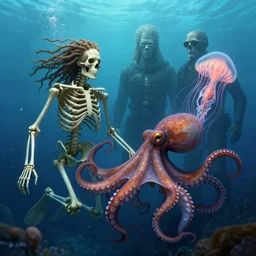 underwater photography of a human skeleton with dreadlocks in symbiosis with an octopus and a jellyfish, by amandine van ray and andreas franke and h. r. giger and andrew whem, digital illustration, rendered in unreal