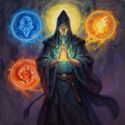 an expressive painting of a sorcerer getting imbued with all four elements