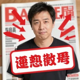 photoshopped image of a man with a red tagline and arrows pointing towards him on a magazine.