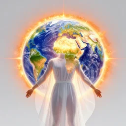 brilliant vibrant solar earth god human form wearing white transparent dress professional profile photo portrait city alley at night dystopia cyberpunk in background
