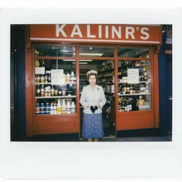 a polaroid photo of queen elizabeth ii in an old convenience store ( 1 9 7 3 )
