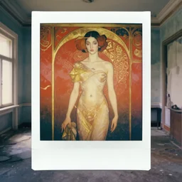 an elegant girl in a liminal abandoned room, red and gold, old polaroid by goya, by botticelli, digital painting, jugendstil, art noveau, strong lights, flat colors, pastel colors,