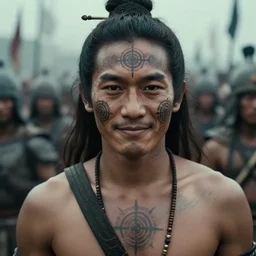 a ultra high resolution close - up of a beautiful young tai warlord standing in crowd of battlefield, looking down at the camera. his face is partially obscured by yantra tattoo, and he has a smiling expression. the light is dim, and the colours are muted. kodak etkar 1 0 0