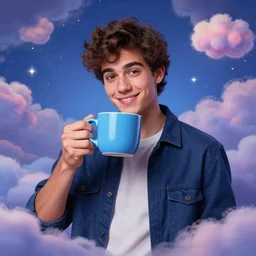 portrait of a ( ( ( una taza de cafe grande y azul ) ) ), ( ( futuro guapo joven modelo espanol macho alegre ) ), lleno de nubes y magia, concept character, by greg rutowski and tezuka and oi and mucha and bierstadt and remington, trending on artstation
