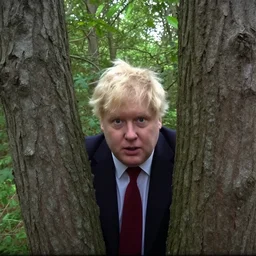 derpy boris johnson staring at you from behind a tree in the forest, trailcam footage