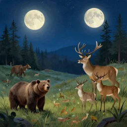 no people stars happy night grand deer wilderness animals fields woodlands bears llustration sharp focus moonlit vista starlight painted ruan jia raymond swanland lawrence alma tadema zdzislaw beksinski norman rockwell tom lovell alex malveda greg staples
