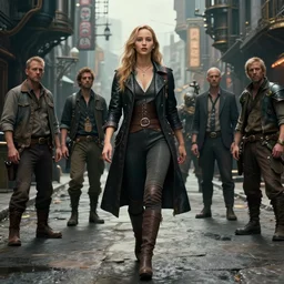 a portrait of Jenifer Lawrence walking down the street of a steampunk city by Greg Rutkowski, Sung Choi, Mitchell Mohrhauser, Maciej Kuciara, Johnson Ting, Maxim Verehin, Peter Konig, final fantasy , mythical, 8k photorealistic, cinematic lighting, HD, high details, atmospheric,