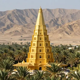 photo of vertical golden village in the form of a tower, arid mountains and lush palm forest, photo realism, sharp focus, octane