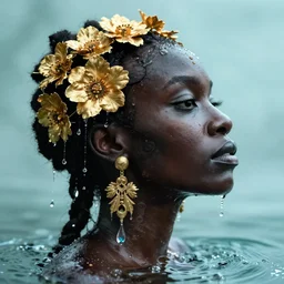 hyperrealistic precisionist cinematic profile very expressive! black oshun goddess, in water! up to shoulders, mirror dripping droplet!, gold flowers, highly detailed face, digital art masterpiece, smooth eric zener cam de leon, dramatic pearlescent turquoise light on one side, low angle uhd 8 k, shallow depth of field, portrait photography