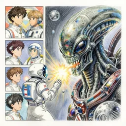 alien monster attacking a space ranger, science fiction, finely illustrated face, highly detailed, colored pencil, studio ghibli, tankobon, in the style of ilya kuvshinov and krenz cushart and william - adolphe bouguereau and alphonse mucha