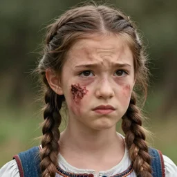 sixteen year old, pretty peasant girl with a large, ugly brown birthmark on her face, unhappy expression, fantasy art, highly detailed, realistic