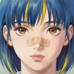 prompt : girl, ( ( ( ( ( ( brown eyes ) ) ) ) ) ), hair ( blue 7 0 % yellow 3 0 % ), ( ( ( ( ( ( nose band aid ) ) ) ) ) ), soft light painted by james jean and katsuhiro otomo and erik jones, inspired by akira anime, smooth face feature, intricate oil painting, high detail illustration, sharp high detail, manga and anime 1 9 9 9