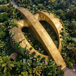 aerial view of a massive gold sculpture in the jungle covered by plants, flowers and vines photograph, architecture carved for a titan, beautiful in its smoothness and expansiveness, curving geometric arches, architectural photograph by louis kahn and moshe safdie