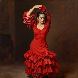oil painting of spanish flamenco dancer in mallorca wearing a red dress made of flowers, dimly lit, photo realistic, extreme detail skin, no filter, slr, 4 k, high definition