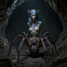 female half human half spider drider sitting on a spider web in a dark cave, ultra detailed, high fantasy, monster, human torso attached to a spider abdomen and legs, creature design, dnd, dndbeyond, realistic, concept art, octane render, 8 k, moody lighting, muted colors, blue tone light, dramatic lighting, john singer sargent, matte painting