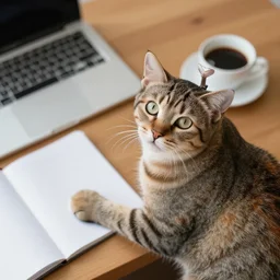 cat facing the camera working with notebook and a coffee cup is on the desk