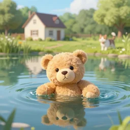 of a teddy bear swimming in a lake with a house in the background with a dog and a cat