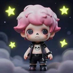 portrait of a grungy skull anime and chibi very cute doll by super ss, cyberpunk fashion, nendoroid, kawaii, curly pink hair, night sky, looking up, swirly clouds, neon yellow stars, by wlop, james jean, victo ngai! muted colors, highly detailed, fantasy art by craig mullins, thomas kinkade