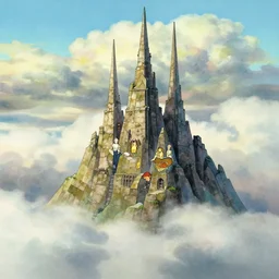a wholesome animation key shot, thin spires of ancient masonry peaks rise above clouds, studio ghibli, pixar and disney animation, sharp, disney concept art watercolor illustration by mandy jurgens and alphonse mucha and alena aenami, pastel color palette, bloom, dramatic lighting