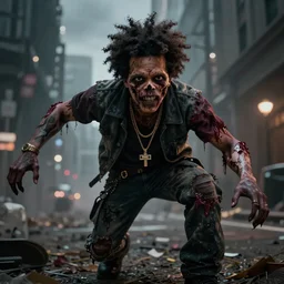 The Weeknd As A Zombie, volumetric lighting, hyperrealistic, photorealistic, beautiful details, HDR, octane render, action shot, wide angle, bokeh