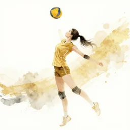 beautiful serene volleyball player, healing through motion, life, minimalistic golden and ink airbrush painting on white background