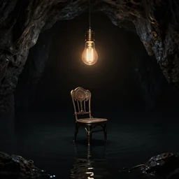 concept art, chair under an edison bulb in empty black space, black cave lake, cgsociety, steampunk, ultra wide shot, surreal, extreme contrast, sunken in black water, void