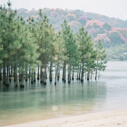 “ ethereal, a pine forest growing on water surface, background of flowery hill, bokeh, beautiful shadows, soft, dreamy, beach sand viable in corner. ”