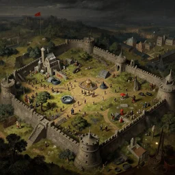 RTS gameplay in style of Durer, neoclassical, painting, Stronghold gameplay, dark colors, high contrast, octane render