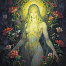 lovecraftian deity of light and flowers. this oil painting by the award - winning mangaka has interesting color contrasts, plenty of details and impeccable lighting.