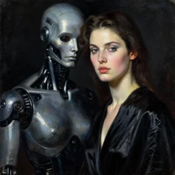 hyperrealism mixed with classicism, oil painting, close - up portrait of one fashion model near one cyborg, fully clothes in black reflect robe, complete darkness, in style of classicism mixed with 8 0 s sci - fi hyperrealism
