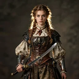 detailed ultrarealistic photography of victorian rustic heroic warrior girl with katana in her hand, cinematic, full shot
