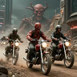 motorbikers race in hell, retrofuturism sci - fi old movie, highly detailed, photorealistic, 8 k, by beksinski and stalenhag