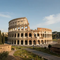 fully built roman colosseum on the horizon with roman buildings and roads surrounding it, volumetric lighting, beautiful scenery, hd, hdr, cinematic 4 k wallpaper, 8 k, detailed, high resolution, artstation, early medieval, roman, colosseum