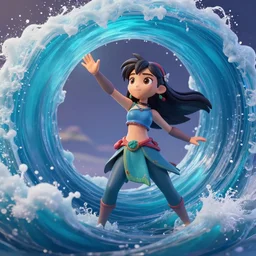 katara from avatar as nendoroid is summoning a giant wave, in the croods movie style, anime, disney, pixar, 8 k, hd, dof, kodak film, volumetric lighting, subsurface scattering, photorealistic, octane render, details