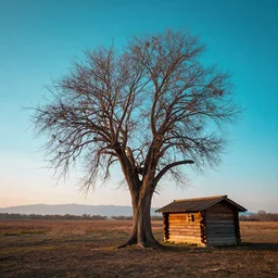 amazing photography work of beautiful landscape, big dry tree and wooden hut, soft glow of light, vibrant cool color palette, masterpiece, art work by greg rutsowski, high details, very sharp