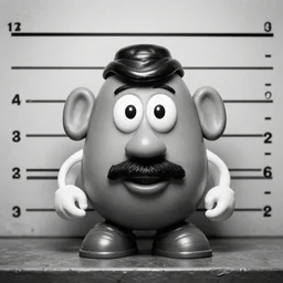 a stunning, pleasing well composed award winning 4K professional digital photo of a mug shot of Mr. Potato Head. Black and white photo