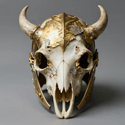 symmetrical product photograph of a highly detailed ominous helmet made from animal skulls and gold inlay, damaged