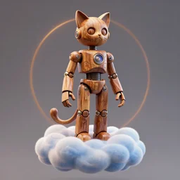 3 d octane render, ultra photorealistic, 8 k hyper detailed image, a beautiful wooden statue of a figurine of a robot wood with cat ears on a magic cloud, cyberpunk, alphonse mucha