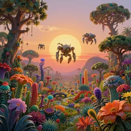 sunrise in alien planet, full of vegetation, stunning garden of alien flowers, colourful plants, trees, flying mecha in the centre of composition, vibrant colours, beautiful matte painting, dreamy, high detail, matte painting, artstation, in the style of martin johnson heade and roger dean