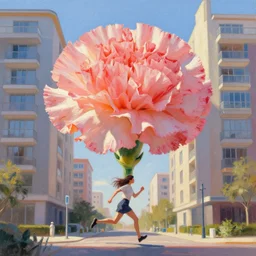 huge carnation flower head, woman running between luxury apartments, surreal photography, sunlight, impressionist painting, digital painting, artstation, simon stalenhag