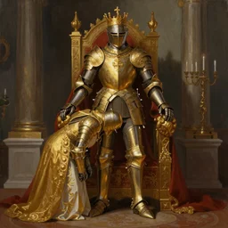 a tall royal knight in golden armor bowing to his king in a throne room, painting, digital art, harsh lighting