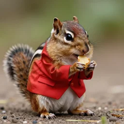 a high quality photo of a chipmunk wearing a red suit and eating, render, ultra realistic, cgsociety