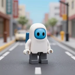 a photo of an among us crew mate toy in the middle of the street -150